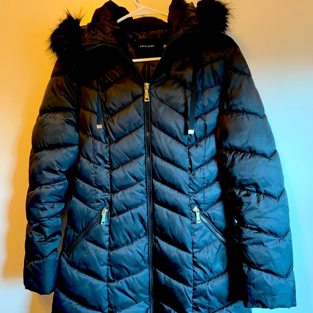 Tahari parka with faux fur hood, 34 in. length